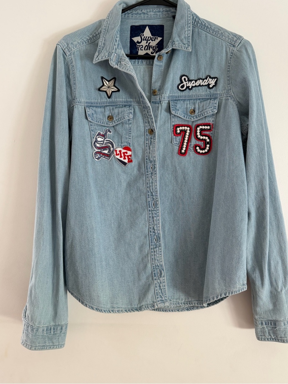 Superdry Light Wash Denim Button-Down Shirt with Patch Details